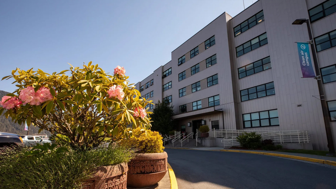 A hospital building entrance in the background with flowering plants in the foreground.